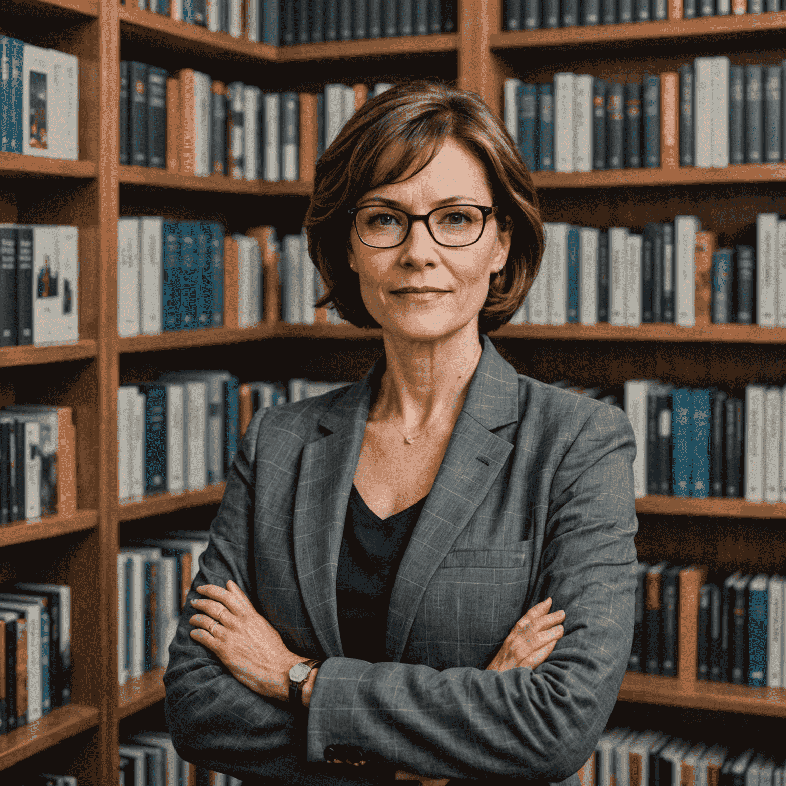 Portrait of Dr. Emily Thompson, a middle-aged woman with short brown hair and glasses, wearing a professional blazer, standing in front of bookshelves filled with energy sector publications