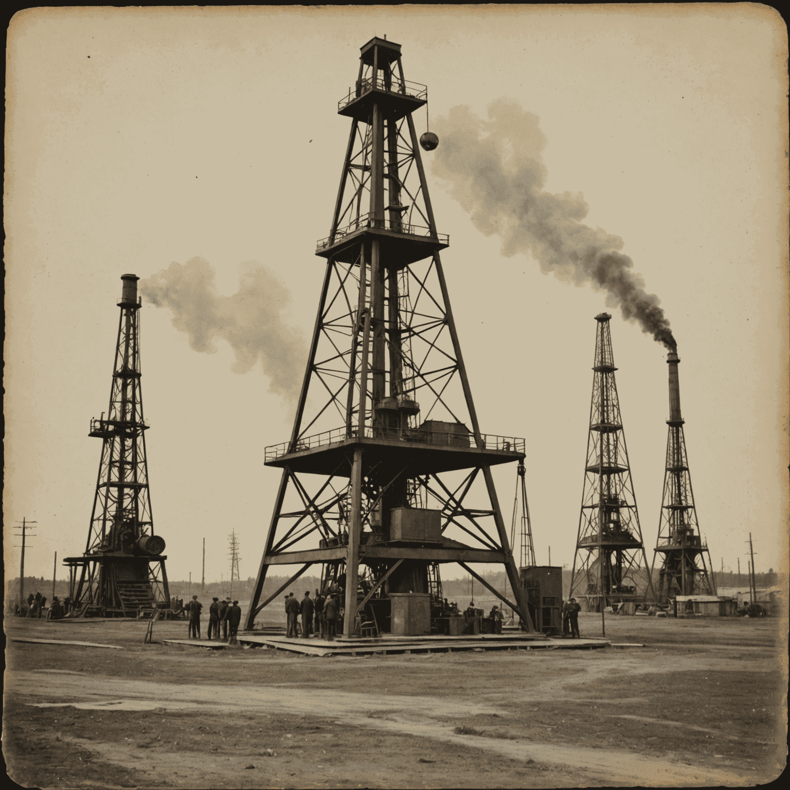 Vintage photograph of early oil derricks in a Canadian oil field, showcasing the beginnings of the country's petroleum industry