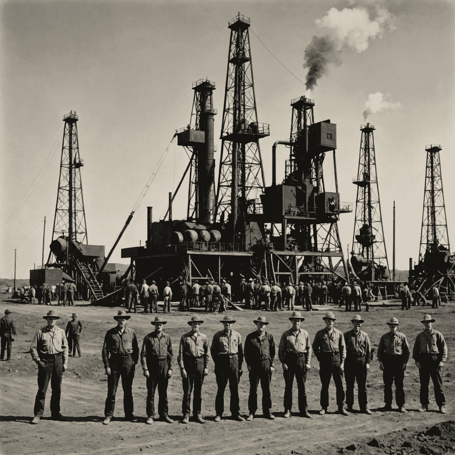 A black and white photograph showing early oil derricks and workers in the Canadian oil fields, representing the birth of the oil industry