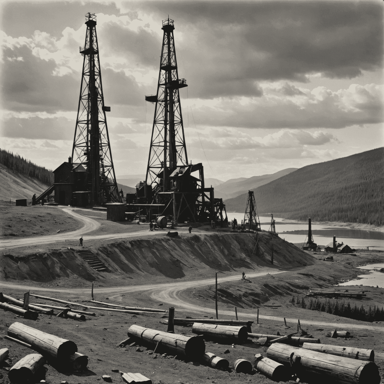 Black and white photograph of early oil derricks in a rugged landscape, showcasing the pioneering spirit of the first oil prospectors in Canada