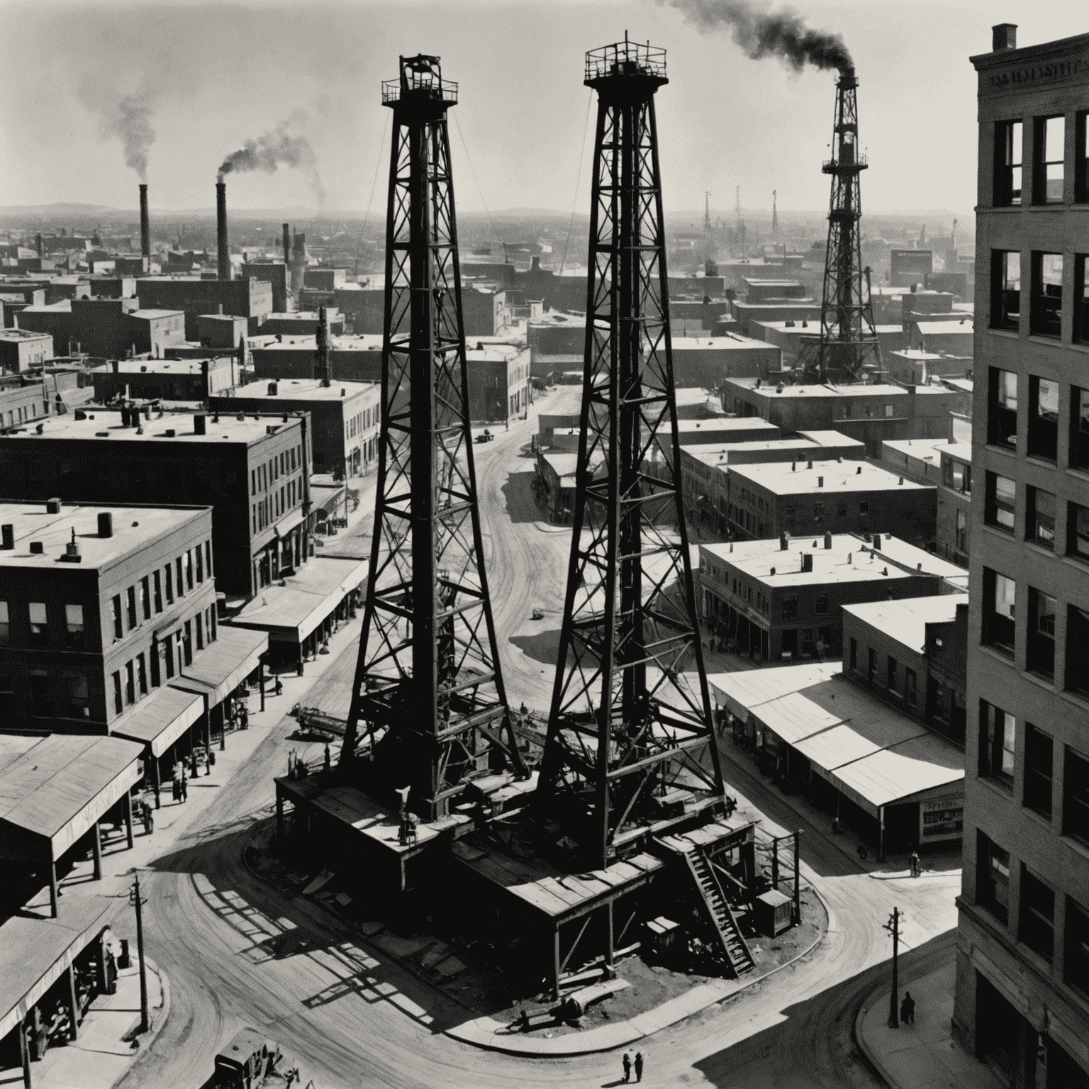 A black and white photograph showing an oil derrick in the middle of a bustling town, symbolizing the rapid growth and transformation brought by the oil boom era