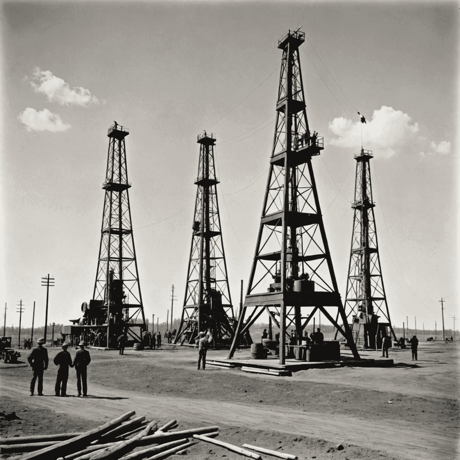 Black and white historical image of early oil derricks in a Canadian oil field, showing wooden structures and workers operating spring pole drilling equipment