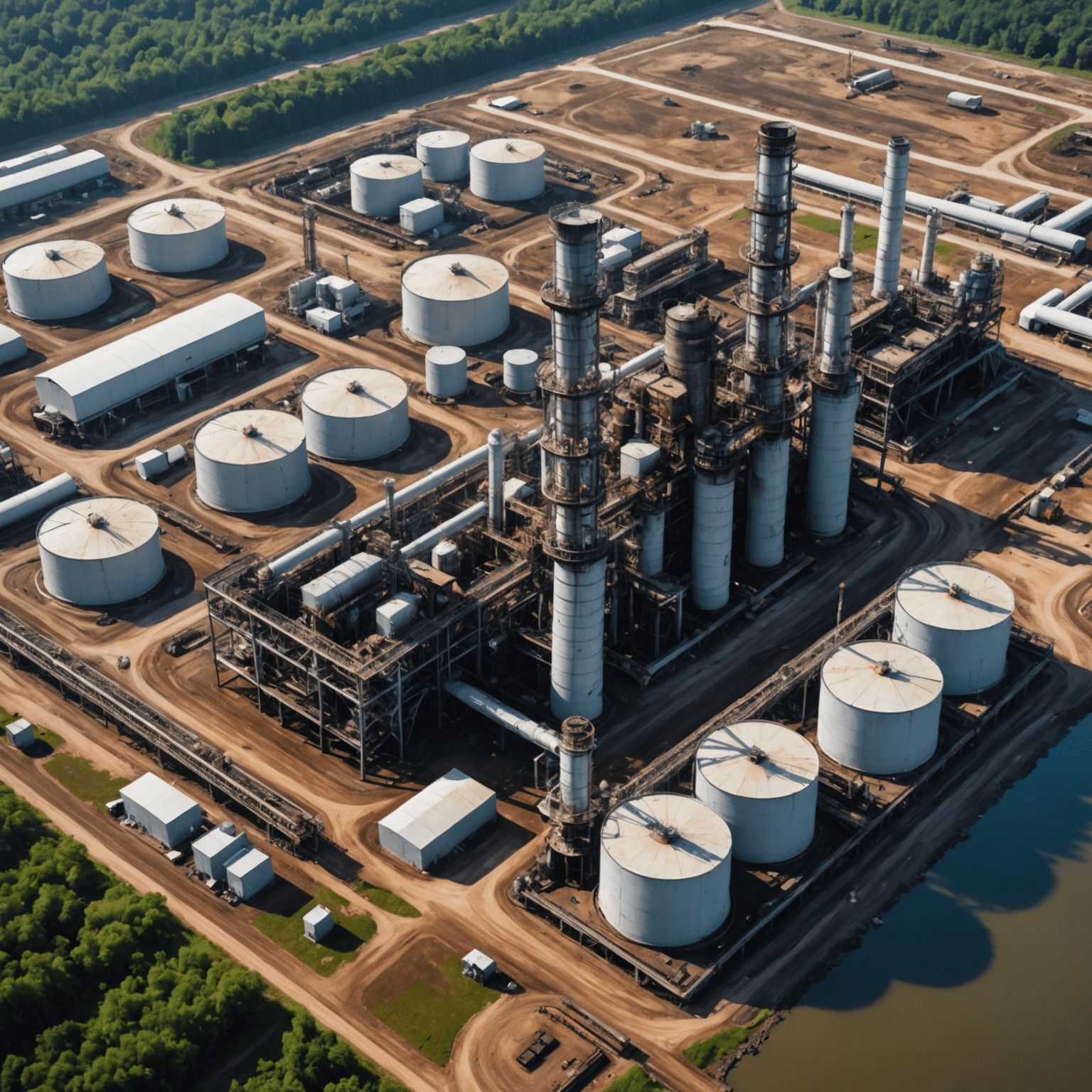 Aerial view of an oil production facility with visible environmental impact, including deforestation and water pollution