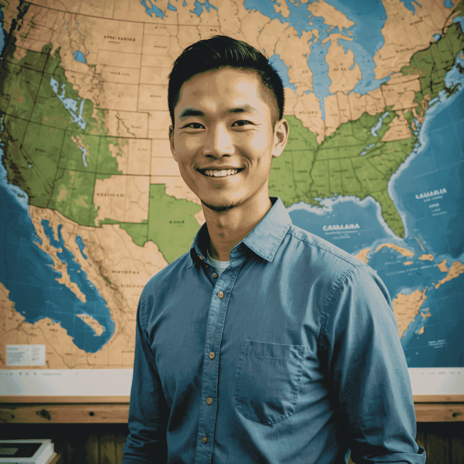 Portrait of Michael Chen, a young Asian man in his early 30s, wearing a casual button-up shirt, smiling confidently while standing in front of a large map of Canadian oil fields