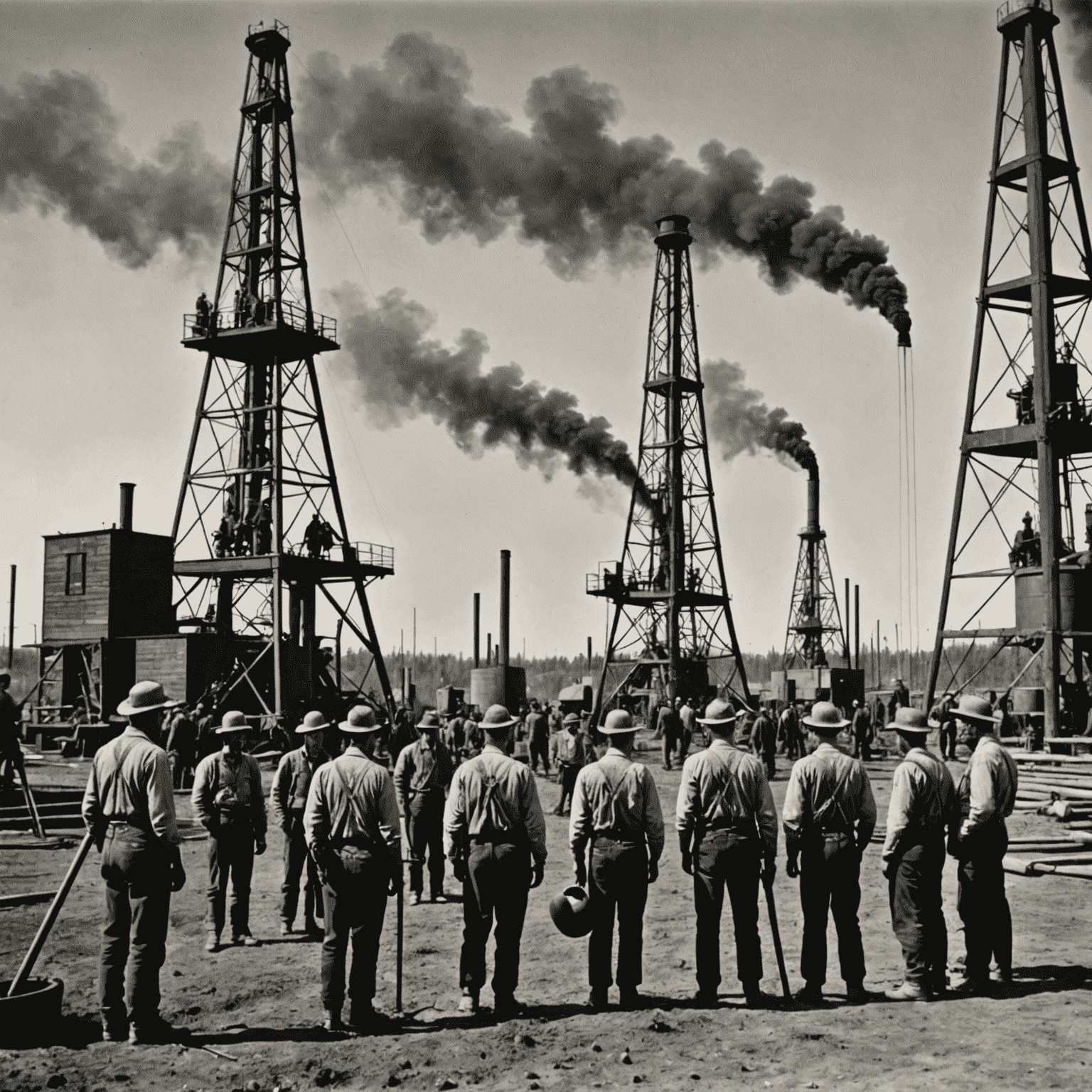 Black and white image of early oil derricks and workers in the Canadian oil fields, showcasing the birth of the oil industry in Canada