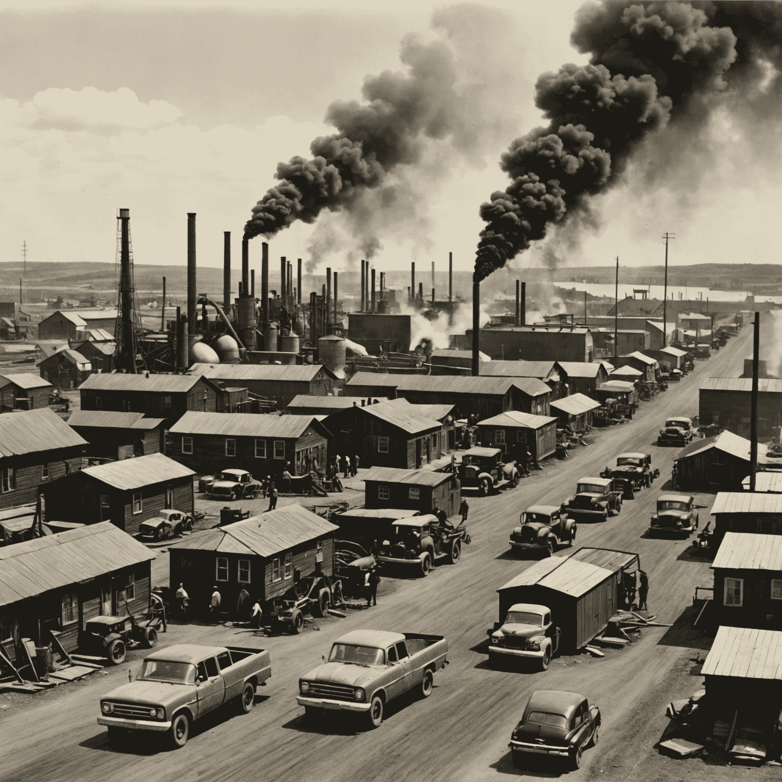 A vintage photograph showing bustling oil towns and economic growth in Canada during the oil boom era