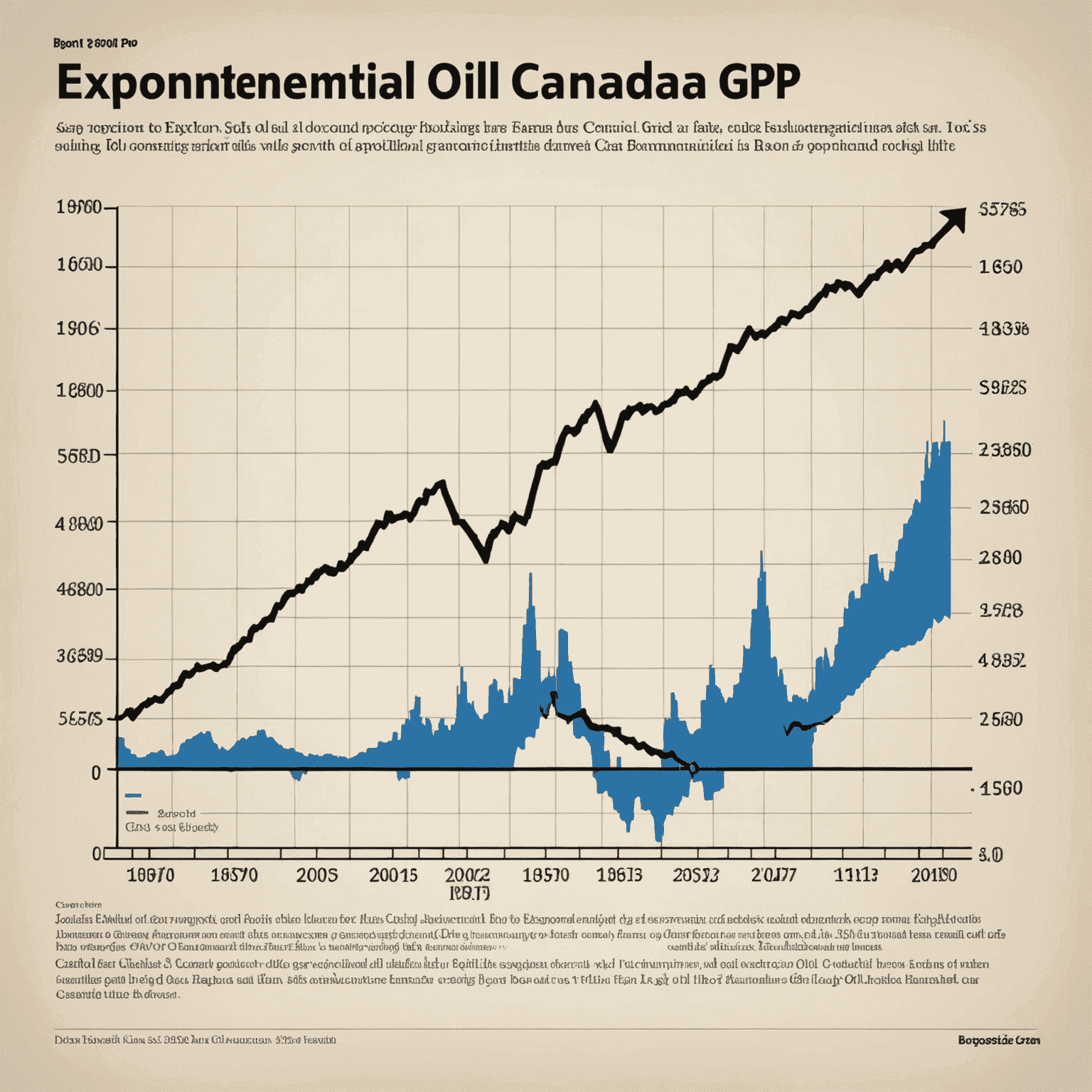 A graph showing the exponential growth of Canada's oil production and GDP from the 1950s to 1970s, illustrating the economic impact of the oil boom