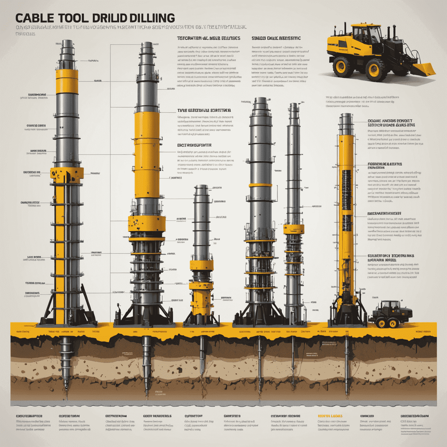 Infographic showing the evolution from cable tool drilling to rotary drilling, with cross-sections of both techniques and their respective depths and efficiencies