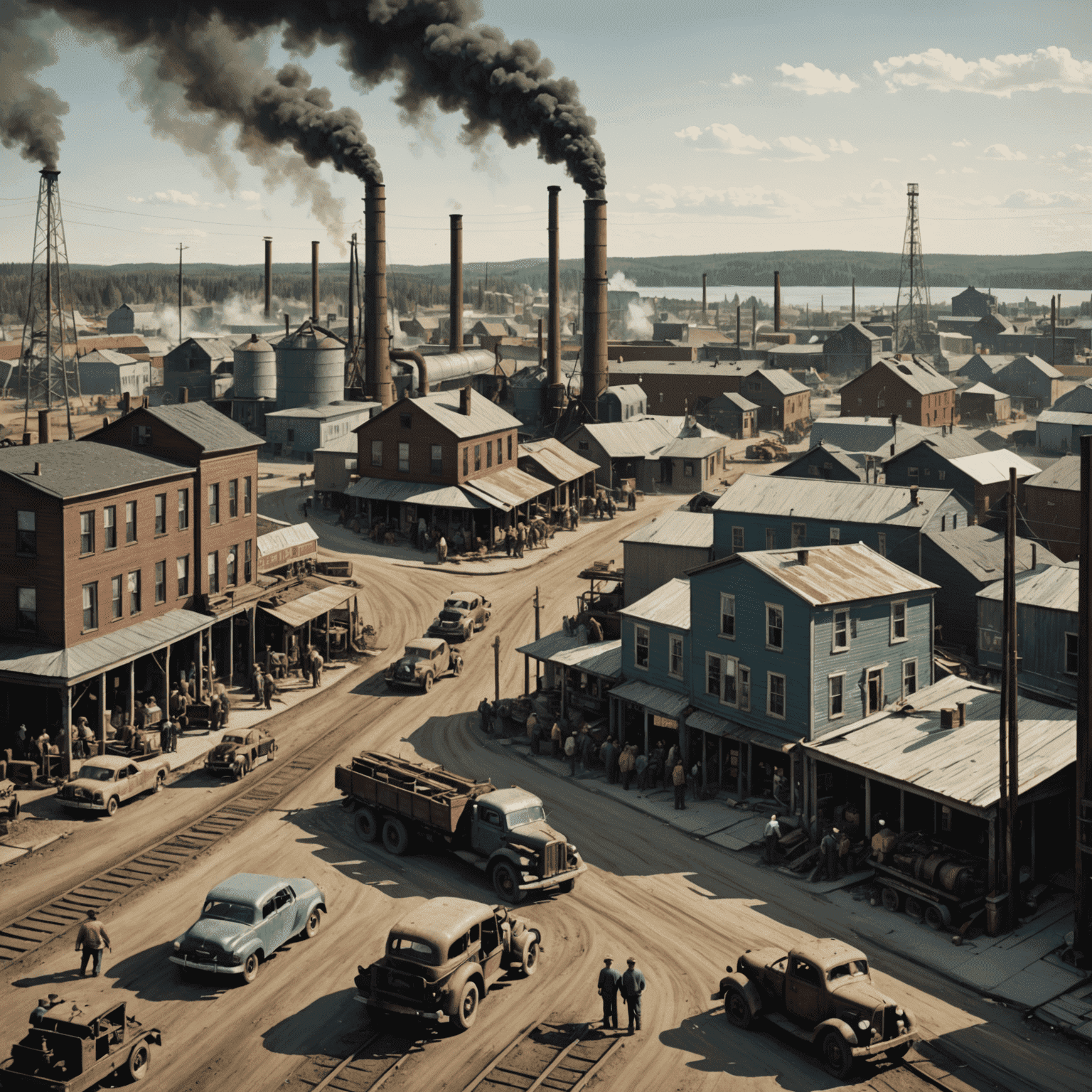 Desaturated color image of bustling oil town in Canada during the boom era, with workers, machinery, and growing infrastructure