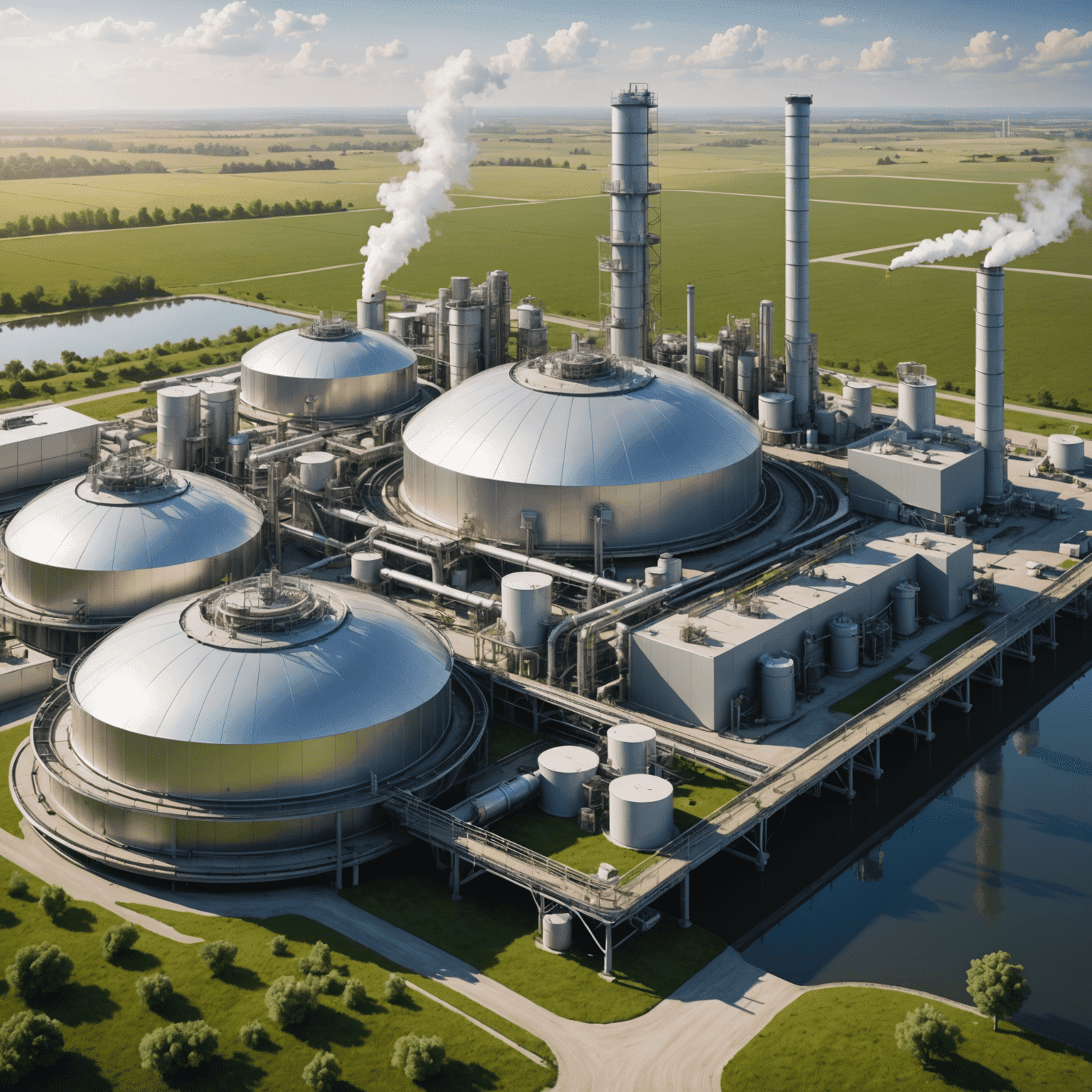 Futuristic rendering of an eco-friendly oil production facility with integrated renewable energy sources and advanced pollution control systems