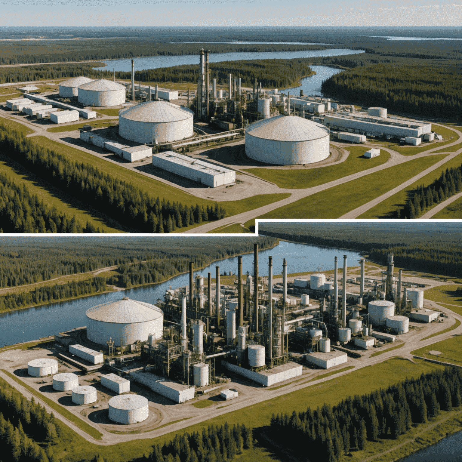 A split image showing oil production facilities and their environmental impact on Canadian landscapes